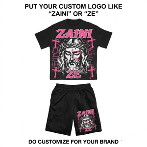 Ensemble T-shirt et short pour homme ZAINI, été, décontracté, respirant, 280 GSM, tissu en polyester 100% Terry, rose vintage, logo personnalisé - Product Image 1