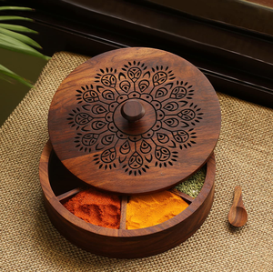 Boîte à épices en bois d'acacia, design haut de gamme, motifs de feuilles imprimés, artisanat royal, à prix avantageux - Product Image 5