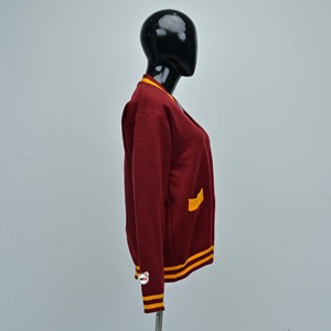 Cardigan en tricot pour femme, col en V, couleur bordeaux, avec bordure jaune, boutonné, manches longues, pour l'automne, prix de gros abordable - Product Image 4