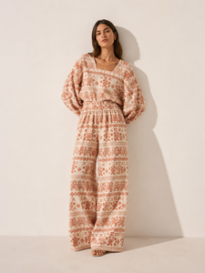 Womens Cotton Jacquard High Waist Wide Leg Pants Geometric Pattern Loose Fit Full Length Summer Resort Trousers - Product Image 1