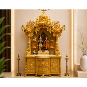 Golden Big Size Swaminarayan <b>Mandir</b> for Pooja Room Traditional Hand Carved Wooden Swaminarayan Temple with Storage Cabinet USA - Product Image 1