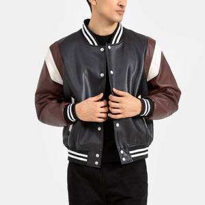 Veste universitaire en PU noire et marron pour homme, col rabattu, boutonnée, style décontracté, pour l'automne - Product Image 3
