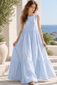Vestido Maxi Casual Premium de Algodón y Lino Transpirable, Sin Mangas, con Cuello Escalonado, Fluido, para Verano, Playa, Vacaciones, Resort, Venta al por Mayor - Product Image 5