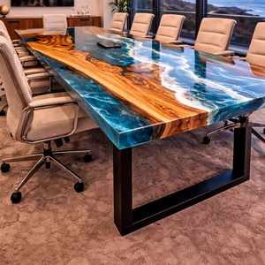 Ocean Epoxy Resin Conference Table Blue Wave River Live Edge Wood Desk Handmade Resin Coastal Style Dining Table - Product Image 1