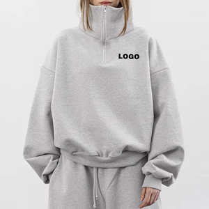 Quarter Zip up Boxy Hoodie Custom Heavy <b>Weight</b> 400gsm 100% Cotton Cropped Hoodie Unisex Fleece Zipper Hoodie - Product Image 1