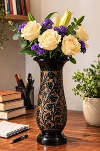 Embossed Floral Wooden <b>Vase</b>: Vintage Style Decorative Flower Holder - Product Image 2