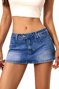Mini-jupe en jean taille haute, couleur unie, délavée, coupe trapèze décontractée, taille standard, style été pour femme - Product Image 2