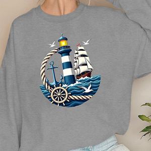 Lighthouse and <b>Anchor</b> Nautical Theme Printed Casual Knitted Women's Sweatshirts - Product Image 2