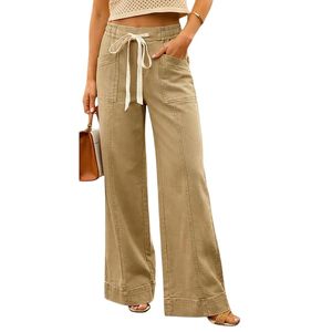 Jeans de Mezclilla para Mujer, Personalizados, 100% Algodón, Corte Holgado, Pierna Ancha, Cintura con Cordón, Pantalones Casuales para Uso Diario - Product Image 1