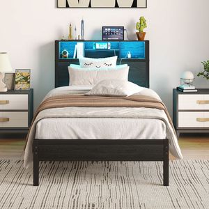 <b>Twin</b> Size Metal <b>Bed</b> <b>Frame</b> with Storage Headboard Charging Station & Bookcase No Box Spring Needed - Product Image 4