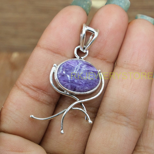 Pendentif ovale en Charoïte violette naturelle, en argent sterling 925, fait main avec fil enroulé, bijou en pierre précieuse, cristal de guérison, pièce maîtresse - Product Image 3