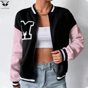Women’s Black and Pink Letterman <b>Jacket</b> Embroidered M <b>Patch</b> Full Sleeve Zipper Front Turn Down Collar Casual Autumn Varsity Wear - Product Image 2