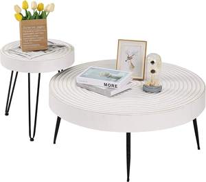 Farmhouse Round Coffee <b>Table</b> Modern Circular Center <b>Table</b> with Natural <b>Wood</b> Finish <b>White</b> Accent <b>Side</b> End <b>Table</b> for Living - Product Image 2