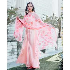 Conjunto de Traje de Chifón Estampado Transpirable de Seda Satinada Color Durazno para Mujer, Talla XS, Marca Sophia - Product Image 4