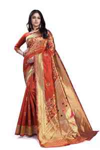 Orange Silk Saree With <b>Gold</b> Zari Border And Floral Motifs For Wedding And Festival Wear Women Traditional Indian Ethnic - Product Image 5