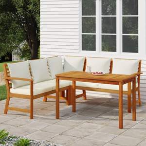 Ensemble de salle à manger de patio en bois d'acacia avec coussins blanc crème, mobilier d'extérieur élégant - Product Image 1