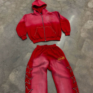 Conjunto de Sudadera con Capucha y Pantalones Deportivos con Cremallera, Efecto Desgastado por el Sol, Ajuste Holgado Oversize, Estilo Urbano, Fabricante - Product Image 4