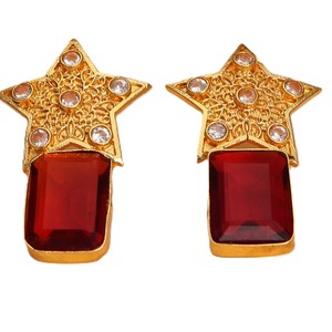 Pendientes de Estrella Étnicos de Latón Oxidado Plateado con Engaste de Bisel de Rubí para Mujer, Regalo de Boda - Product Image 1