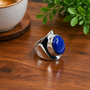 Anillo de Lapislázuli Natural, Chapado en Oro Amarillo y Rosa, Plata 925, Banda Ancha, Hecho a Mano, Gema Ovalada, Joyería Unisex para Ella - Product Image 6