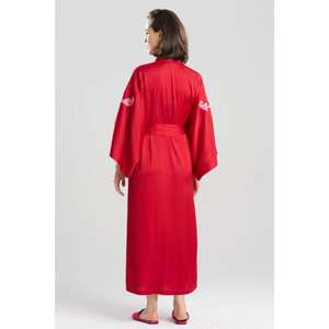 Bata Kimono Larga de Satén Rojo para Mujer con Bordado y Estilo Envolvente - Product Image 3