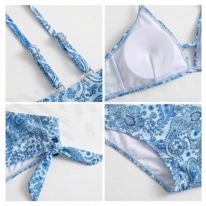 Women's Blue Paisley Print 2 Piece <b>Bikini</b> <b>Set</b> Deep V Neck Triangle Top High Waist Bottoms Stretch Swimwear - Product Image 4