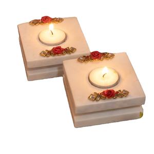 "Juego de 2 portavelas de mármol cuadrado decorativo hecho a mano | Portavelas de piedra para decoración del hogar" - Product Image 1