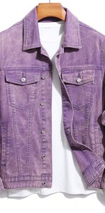 Veste en jean pour homme, classique, boutonnée, bleu uni, coton, décontractée, poches déchirées - Product Image 2