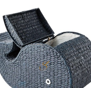 Panier en jacinthe d'eau bleu marine tressé avec couvercle, organisateur de rangement décoratif, décoration nautique pour salle de bain - Product Image 3