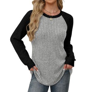 Suéteres Casuales de Moda para Mujer, Gris, Mezcla de Lana, Manga Raglán Negra, Cuello Redondo en Contraste, Corte Curvo - Product Image 1