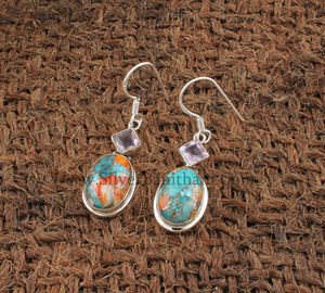 Boucles d'oreilles pendantes en argent sterling 925 avec coquille d'huître épineuse naturelle, turquoise et pierres précieuses composites orange et bleues, style bohème, cadeau de fête - Product Image 2