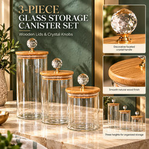 Juego de Recipientes de Vidrio con Tapas de Madera y Perillas de Cristal Facetado en Tres Tamaños |   Elegantes Frascos de Almacenamiento para Despensa - Product Image 5