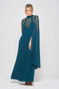 Robe de mariée élégante bleu sarcelle à col en V, broderies florales, manches cape en maille, coupe trapèze, longueur ras du sol, style fourreau ajusté, toutes saisons - Product Image 3