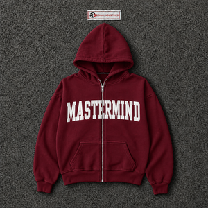 Sudadera con capucha extragrande color granate personalizada para hombre, estilo urbano, con estampado gráfico blanco, hombros caídos, cremallera completa, ropa informal. - Product Image 5