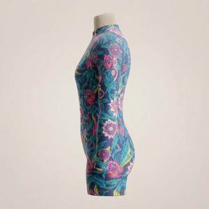 Bikini con estampado floral para mujer, cuello redondo, manga larga, elástico, poliéster, pantalones cortos de cintura alta, cremallera frontal, secado rápido - Product Image 2