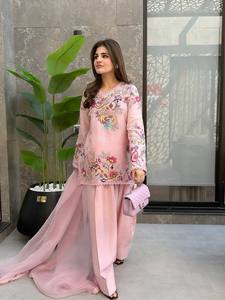 Conjunto de Traje Salwar Farshi Rosa Bordado, Crepé de Seda Reversible, Elástico, Sin Arrugas, para Fiestas y Bodas, para Mujer - Product Image 3