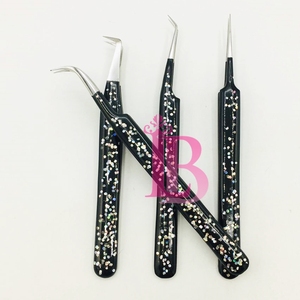 Black Color With Glitter Eyelash Tweezers Anti Slip Best Stainless Steel Lash Extension Tweezers <b>Set</b> Sustainable Mink Low MOQ - Product Image 1