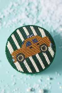 Round NYC Taxi Cab Beaded Coasters Set Handmade <b>Glass</b> Seed Beads Yellow Cab Green Striped <b>Table</b> Accent Appointments - Product Image 1