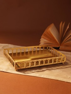 Luxury Gold Finish Rectangular Brass Serving <b>Tray</b> with Intricate Cutwork Border Design for Home Dining Table and <b>Decorative</b> <b>Tray</b> - Product Image 1