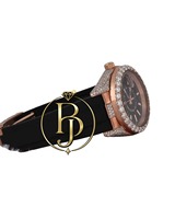 Reloj de Pulsera Briva de Lujo, Cuarzo Analógico, Oro Rosa, Acero Inoxidable, Cristal, Marcadores Negros Plateados, Fecha, Bisel con Piedras Preciosas, Elegante, Negro