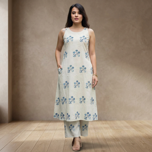 Kurti en coton beige à imprimé floral pour femme, coupe ample, longueur midi, tenue décontractée, mode Inde Pakistan, style été - Product Image 4