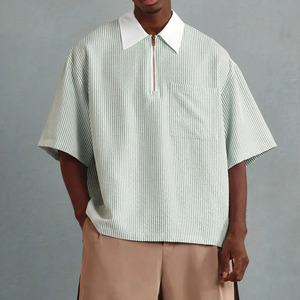 Chemise Polo Homme Surdimensionnée Personnalisée à Rayures Vertes, Manches Courtes, Col Blanc, Coupe Décontractée, en Popeline Tissée 220g - Product Image 3
