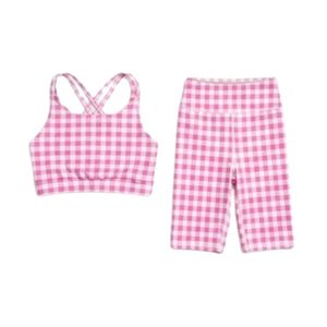 Pink Gingham Yoga Set Cross Back Sports Bra and High Waist Workout Shorts Two Piece Gym Outfit Set For Women - Product Image 4