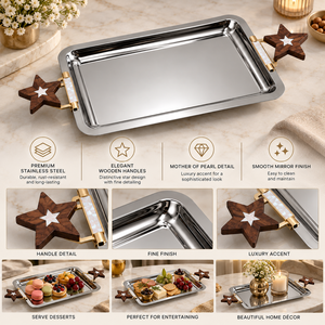 <b>Silver</b> Star Handle Serving <b>Tray</b> in Stainless Steel for Snacks <b>Drinks</b> Sweets | Rectangular Decorative Platter for Home Party Uses - Product Image 5