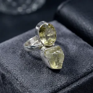 Anillo de Plata de Ley 925 con Cuarzo Limón, Hecho a Mano, con Doble Piedra, Gema Natural, Joyería Boho Elegante, Venta al Por Mayor - Product Image 5