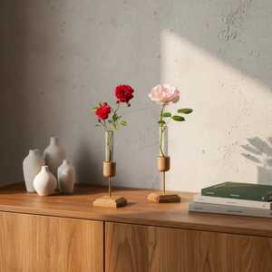 Minimalist Brass and Solid Wood <b>Standing</b> Bud <b>Vase</b> Luxury Single Stem Glass Tube Flower Holder for Modern Tabletop Centerpiece - Product Image 2