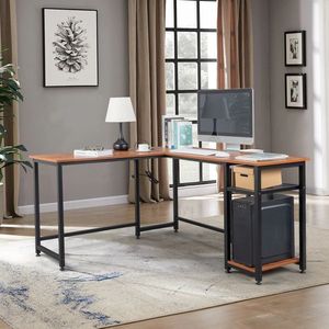 L-Shaped Tiger Wood Desktop Computer Desk with Power Outlets and Shelf - Product Image 5