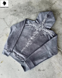 เสื้อฮู้ดดี้ผ้าฝ้ายเฟรนช์เทอร์รี่หนานุ่ม 100% สำหรับฤดูหนาว ตกแต่งด้วยงานปักแบบแอพพลิเคชั่นและแพทช์  สำหรับผู้ชาย  แบบซันเฟด ประดับด้วยคริสตัล  แบบดิจิตอล - Product Image 1