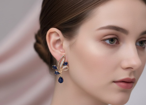 Boucles d'oreilles pour femmes en argent 925 plaqué or rose avec pierre bleue et moissanite - Product Image 2