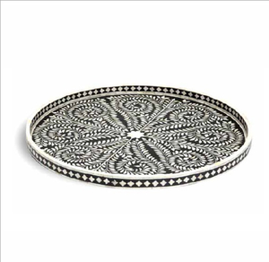 Plateau rectangulaire bleu avec incrustations en os, orné de motifs floraux blancs faits à la main en forme d'étoiles avec bordures, disponible à prix de gros. - Product Image 3