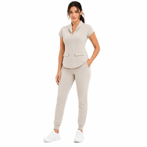 Conjunto de Uniforme Médico para Mujer, Corte Entallado, con Logotipo Personalizado Impreso por Transferencia Térmica, Tela de Poliéster/Spandex, Manga Corta, para Hospital - Product Image 1